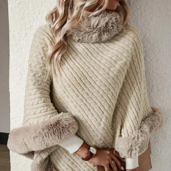 Apricot Casual Women's Turtleneck Fuzzy Trim Batwing Sleeve Poncho Sweater - Picture 1 of 7